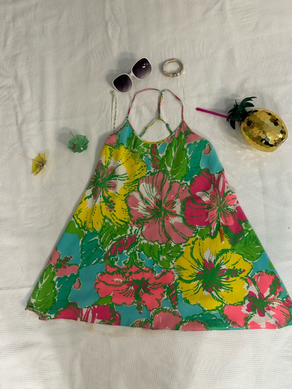 Lilly Pulitzer Aqua Halter Mini Dress with Pink, Yellow & Green Floral Print